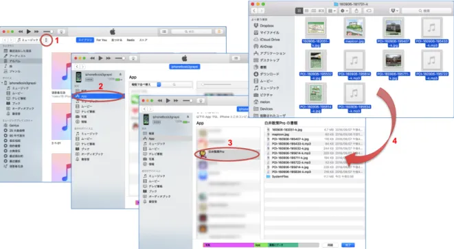 図  3.1 iTunes を介してパソコンのデータを iPhone アプリ『白井散策 Pro』にインポートする方法  3.2 新規マップの登録画面の説明  マップリスト画面の「＋」ボタン  (図 3.2a,  図 2.2a  ③)をタップすると、マップ編集画面に移動し、 新規マップの登録が可能です (図 3.2)。  (a) 新規マップの追加登録操作              (b) 新規マップの登録インタフェース  図  3.2 新規マップの登録  ①  キャンセル：保存せずに、マップ編集作業を終了しま