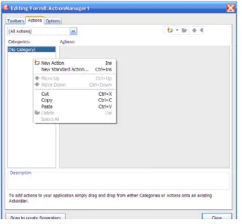 図 19 - TActionManager インスタンスのカスタマイズ ツール  ii. [標準アクションの新規追加...] を選択します。  iii. [データセット] アクション リストに移動します。  図 20 - ジェスチャでサポートするアクション  iv