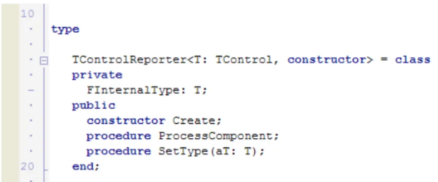 図 24 – Delphi で制約を宣言したジェネリッククラス  RAD Studio 2010 では、ジェネリックメソッド、ジェネリックスの制約を含み、ジェネリックスをフ ルサポートしています。制約は、ジェネリック型を特定の機能セットに限定する機能です。例えば、 制約によって、ジェネリック型を、コンストラクタを持つものや特定のインターフェイスを実装した ものに限定することができます。 RAD Studio 2010 では、ジェネリックなリスト、コレクション、スタック、キューなどを新しいラン タイムライブラ