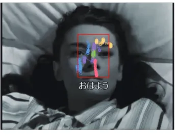 図 8 顔の上に字幕が配置される例 後，注目領域を安定して得るために必要な視線追跡データ の人数についても検討が必要である． 「注目する人の顔の上に字幕が配置されたとき」に見づ らいという意見があった．図 8 に，顔の上に字幕が配置 されたときの例を 5 人分の視線追跡データと算出された注 目領域と共に示す．本手法では，視線の分散が極端に小さ かった場合，算出される注目領域が小さくなるため重要な 領域と字幕が重なってしまうことがある．今後，視線分散 が小さい場合の字幕配置方法の検討が必要である． 他にも， 