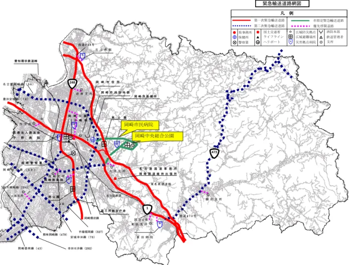 図 ３-４ 地震発生時に通行を確保すべき道路網図 イ 耐震化の現状と目標 ◇昭和 56 年の新耐震基準の導入前に建築された耐震性がない建築物数は愛知県の促進計画 より 4３棟あり、これらのうち県が定める第一次緊急輸送道路沿道の特定建築物（耐震診 断が義務化された要安全確認計画記載建築物）は１３棟であり、道路の防災上の重要性か ら早急に耐震化の促進を図っていく必要があります。 ◇多数の者が利用する建築物等と重複する建築物に対しては、特に優先的に耐震化を図るた め、法に基づく指導・助言、適切な耐震化への誘導策の