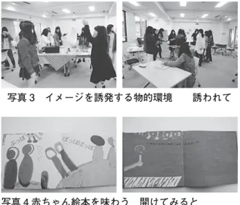 表 2 取りあげた絵本 と 帯に書かれた概要 ・「にゅるぺろりん」長新太 / 絵    キャンディーをぺろ りん。そのとたん「にゅるにゅる…」とあらわれた のは…  ・「んぐまーま」大竹伸朗 / 絵 「ばーれ あーれ あな はんら！」この不思議な生き物はどこへ向かうのか ・「とこてく」奥山民枝 / 絵    「とことこ…」「てくてく …」赤い道を歩いていくと、いろんな出会いがあり ます。  ・「ぽぱーぺ ぽぴはっぷ」おかざきげんじろう / 絵     「ぷっほぺっぴ」「ぺぽぽぱぷぺ」色が、かたちが、 音が、