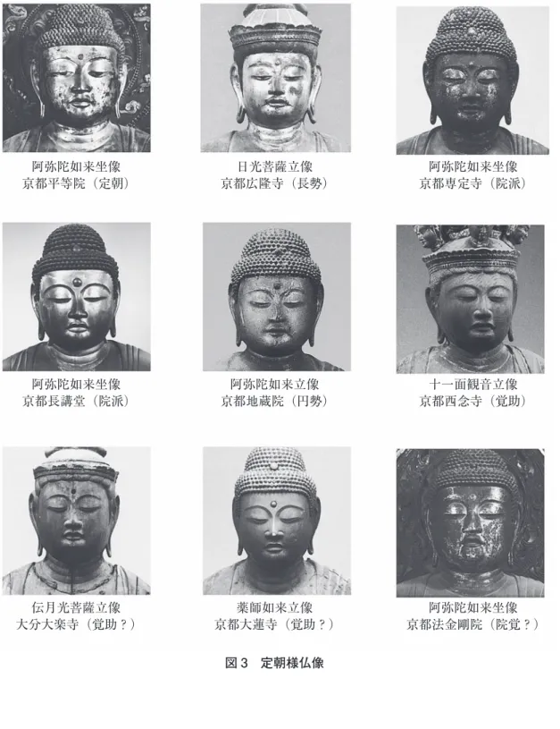 図 3 定朝様仏像阿弥陀如来坐像京都平等院（定朝）日光菩薩立像 京都広隆寺（長勢） 阿弥陀如来坐像 京都専定寺（院派）阿弥陀如来坐像京都長講堂（院派）阿弥陀如来立像京都地蔵院（円勢）十一面観音立像京都西念寺（覚助）伝月光菩薩立像大分大楽寺（覚助？）薬師如来立像京都大蓮寺（覚助？）阿弥陀如来坐像 京都法金剛院（院覚？）