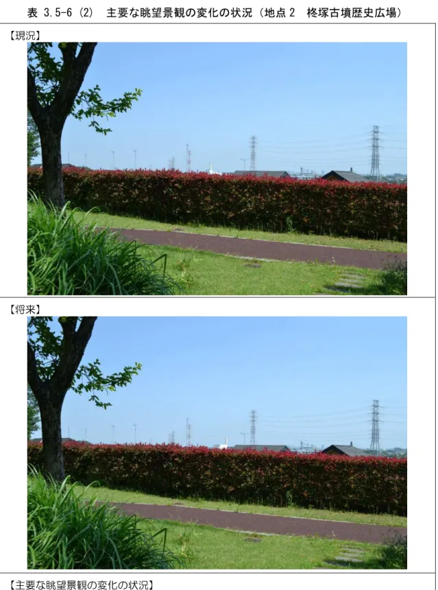 表 3.5-6 (2)  主要な眺望景観の変化の状況（地点 2  柊塚古墳歴史広場）  【現況】  【将来】  【主要な眺望景観の変化の状況】  現況写真では、画面中央の植栽の上に、現施設の建屋と煙突を見ることができる。  将来写真では、現施設が解体され、画面右側に新施設が整備される。新施設の建屋高さ、 煙突高さは現施設とほぼ同等であり、注視すると植栽の上に見える新施設のボリューム感