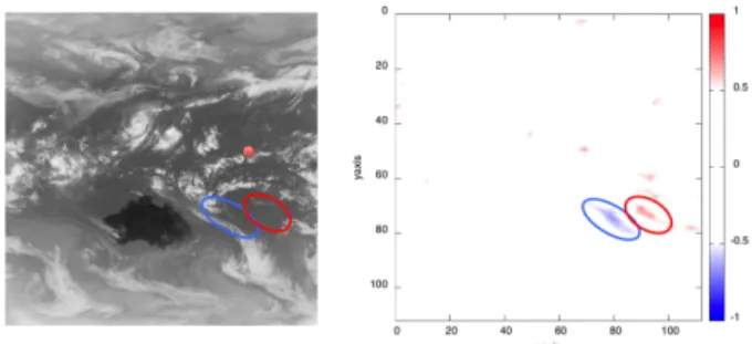 図 13 MTSAT-1 が撮影した 2012 年 10 月 18 日 3 時の IR1 の気象 画像 を示す。基準点は ( 東経 176.25 °, 北緯 7.5 ° ) ，画像上で（ 425, 250) の点とし，区間は 2012 年 10 月 11 日 0 時 (GMT) を始点 とする 10 日間である。図 14 から，この時期，この領域では， ほぼ 5 日間の周期で帯状の雲が発生し，雲塊へ分解，消滅を繰 り返す様子を観察できる。よって，相関解析のウィンドウは 2 週間，サンプリング間隔は 1 時間
