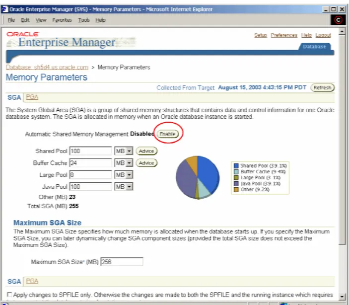 図 2: Enterprise Manager を使用した自動共有メモリー管理の有効化 
