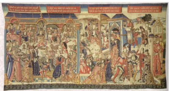 Fig. 1 List 1 of Esther Tapestries, 430×820 cm, wool and silk, Museo de Tapices de la Seo, Zaragoza.