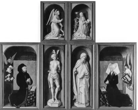 図 22 ロヒール・ファン・デル・ウェイデン《ボーヌの祭壇画》外翼、1450 年前後、ボーヌ、施療院 図 23 ハンス・メムリンク（コ ピー）《聖母子 と 祈 祷 者 クリスティアーン・ド・ ホント》1499−1510 年、 68.5 ×47 cm、 パ リ 、 プ チ・パレ 図 24 ハンス・メムリンク《ジャン・ド・スリエの二連画》1475 年頃、各翼25×15 cm、パリ、ルーヴル美術館信心のモデル、自己称揚のモデル （２１）（２１）