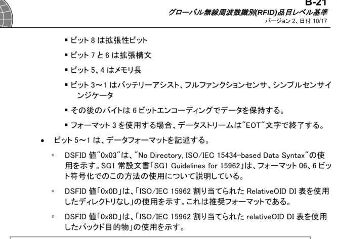 表 8:割り当ておよび予約済みアクセス方法  15961 整数コ ード  15962  DSFID ビ ットコード  15962 SFF ビットコ ード  名称  内容  0  00  00  No-  Directory この構造は、すべてのデータ設定の隣接をサポートする。  1  01  00  Directory データは No-Directory と同様に符号化されるが、RFID タグは追加ディレクトリをサポートし、最初に読み取って 関連するオブジェクト識別子のアドレスを指す。  2  10  00