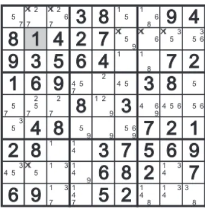 Fig. 11　Filling pencil-marks for the puzzle Fig. 1 instead  of applying the CRBE-method.