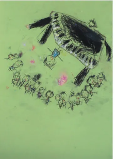図 35 は「みんなでうたうと  めちゃたのし い」というタイトルの絵である。ピアノの脚が 全て見えていて、展開図のようである。実際の ピアノの脚は 3 本であるが、この子はペダル部 分も脚と捉えたのだろう。ピアノの脚は 4 本と 認識しているので、全部見えていなくても 4 本 描く。ピアノを弾く先生も寝ているようである。 子供たちは全員がこちらを見ている。まるで先 生に背を向けているようであるが、これで子供 としては正しいのである。 図 36 は、 「みんなで ぎゅうにゅうのんだよ」 という題の絵である。
