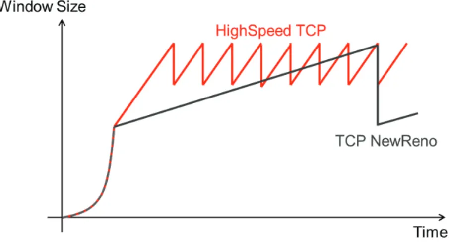 図 8: TCP NewReno と HighSpeed TCP の輻輳ウィンドウの増減