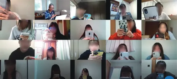 Figure 2. Students using smartphones taking a test. Image from my ZOOM screen.
