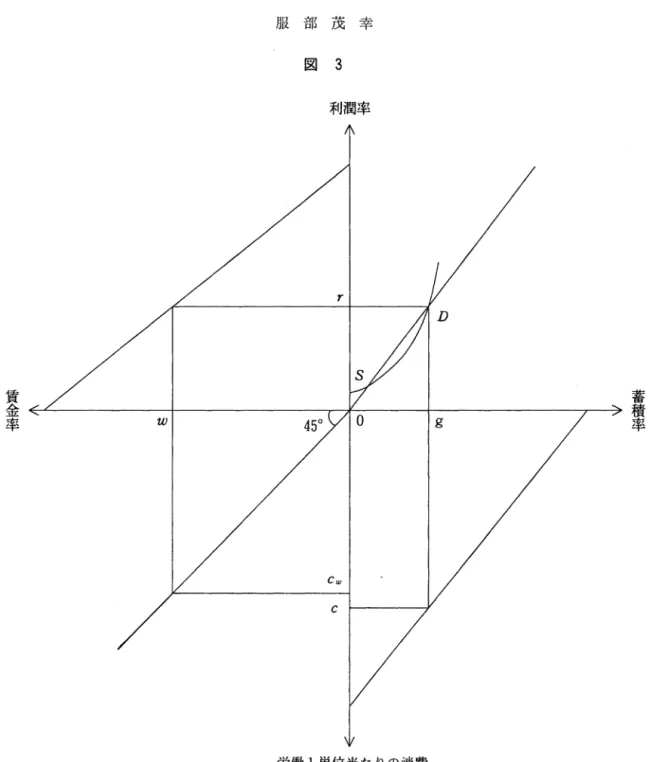 図 3 利潤率 r  賃金率 S  w  4 5 0  g  蓄積率 C w  C  労働 l 単位当たりの消費 となる。今，原点 O から左下に 45 0 線を引き，その線が w から y 軸に平行に引いた線と交わ った点から x 軸に平行な線を引く。この線がジ軸と交わった点が労働 l 単位当たりの消費 c聞 となる。なお，金利生活者の消費は，消費全体から労働者の消費を引いたものであるので，労 働 1 単位当たりの金利生活者の消費 C r は， Cγ =c-c w  ( 4 