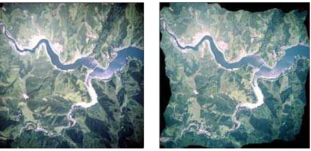 図   1   空中写真（左）とディジタルオルソ（右） ディジタルオルソや写真図は、被写体から反射された光がレンズ中心を直進して投影された中 心投影（図   2 ( a) ）である空中写真等を地図と同じ正射投影（図   2 ( b) ）に変換した画像である。 したがって、ディジタルオルソや写真図は、地図データと重ね合わせて利用することが可能であ る。 レ ン ズ A B C D 地図面ディジタ ルオルソ 面写真面abcdabcd (b) 正射投影(a) 中心投影地面EFefABC D 地面EFef 図  2