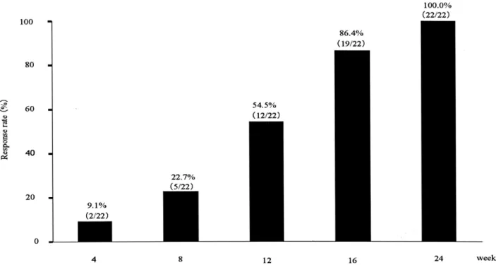 Fig. 3.  The response ratio from 4 weels to 24 weeks maintained during therapy in  the ineffective group (n = 22)