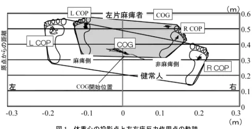 図 1  体重心の投影点と左右床反力作用点の軌跡 