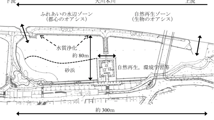 図 4.1  桜ノ宮貯木場跡の整備概要    図 4.2  大川本川との接続部（上左：上流側接続部，上右：干潮時刻付近（上流側） 下：下流側接続部）約300ｍ大川本川ふれあいの水辺ゾーン（都心のオアシス） 自然再生ゾーン （生物のオアシス） 上流下流約80ｍ自然再生，環境学習等砂浜水質浄化 ３４