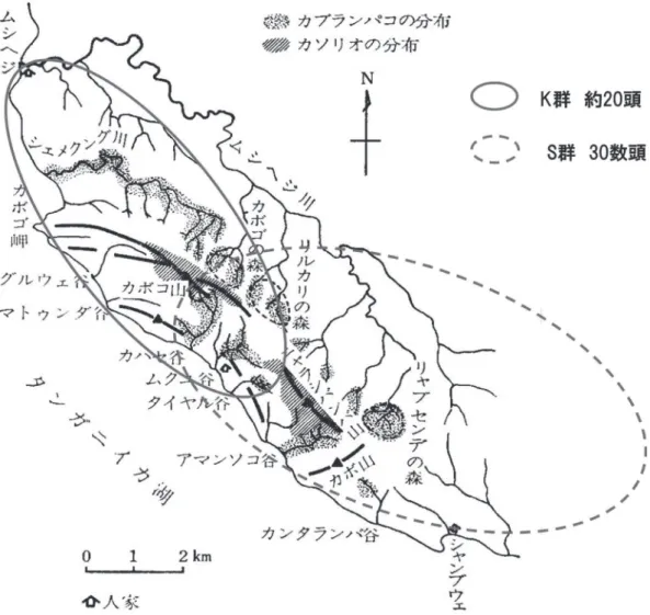 図 2　カボゴの地形、2 種の重要な餌果実（カブランパコ Vitex ferruginea、カソリオ Garcinia  huillensis）の分布、および群れの行動域