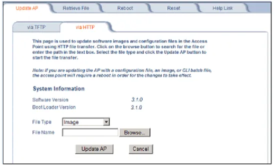 Figure 2-13 Update AP via HTTP Command Screen 2. From the File Type drop-down menu, select Image.