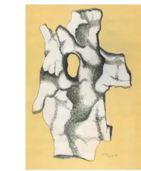 図 5  シャルロット・ペリアン《火打石の塊》1933 年  レジェ とと もに ［そ れらの オブジ ェを ］選 り分 け、眺 め、写 真に 収め 、そ れらが もっと 鮮や かに みえ るよう に水に 浸し たり した 。それ らが「 生の オブ ジェ （アー ル・ブ リュ ット）」と 呼ぶ ところ のも ので ある 6 。  ペリアンの写真は、彼らが「生のオブジェ（アール・ブ リュット）」と呼ぶものが意味するところを明白に示して いる（図 5）。ペリアンは、人間の手によって加工された ことのない生のオ