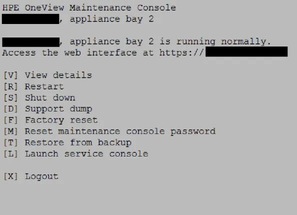 図 2: アプライアンスの Maintenance Console のメインメニューの例 多くのアプライアンスの Maintenance Console 画面では、左上にローカルアプライアンスが場所（エンク ロージャー識別子およびアプライアンスベイ番号）またはホスト名で示されます。 アプライアンスの Maintenance Console には、アプライアンスの状態に関するアイコンおよびメッセージ が表示されます。以下のいずれかの状態が示されます。 • 正常に動作しています。 • アプライアンスはオフライン