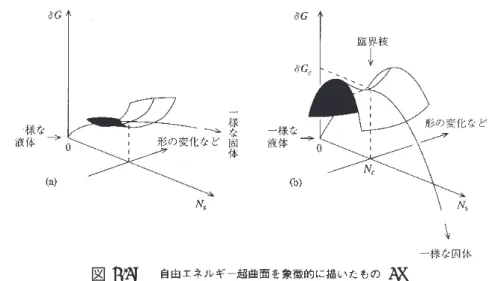 図 2.1: [1] 自由エネルギー超曲面と臨界核 液体あるいは気体が安定な状態と，それを急冷してできた過冷却状態での自由エ ネルギーは図式的に描くと図 2.1 のようになっていると考えられる．原点は一様な液 体 ( 気体 ) の状態である．第 1 の軸はそこに発生した結晶の種になりうるクラスター (cluster)— これを核と呼ぶ — の大きさ ( 粒子数 N S ) を表わし，第 2 の軸はそれ以外の 核の自由度 ( 形の変化など ) をまとめて象徴的に表わしたものである．急冷前には自 由エネルギーは