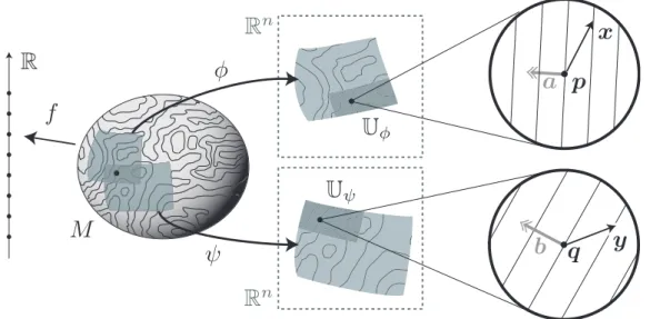 図 4.3: 与えられた関数の等高線を地図帳の異なるページで表現すると，それぞれ違った方 向に違った間隔で並ぶ．これらは「局所的な線形写像」によって連動しており，無関係とい うわけではない． で拡大すると， Φ はほとんど線形写像に見えるはずである． （微分積分の基礎のキソ， 2.2