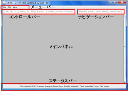 図 1: 起動直後の GSYS2.4 の画面。この状態では ”File” メニューの ”Load Image File” と ”Edit” メ ニューの ”Properties” 、 ”View” メニューの ”Show status bar” が選択可能になっています。