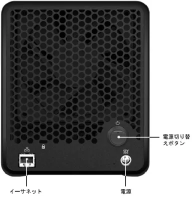 図 2: Drobo 5N の背面。  箱の中身の確認 製品の箱の中に、下記に示すコンポーネントがすべて梱包されていることを確認してください。  Drobo 5N  イーサネットケーブル (6 フィート)  電源付き電源コード (6 フィート)  クイックスタートガイド  ( 印刷物 )  安全と保証ガイド  システム要件の確認 お使いのオペレーティングシステムおよびケーブルインターフェースが  Drobo  5N  でサポートさ れていることを確認してください。  この章では次のトピックについて説明します