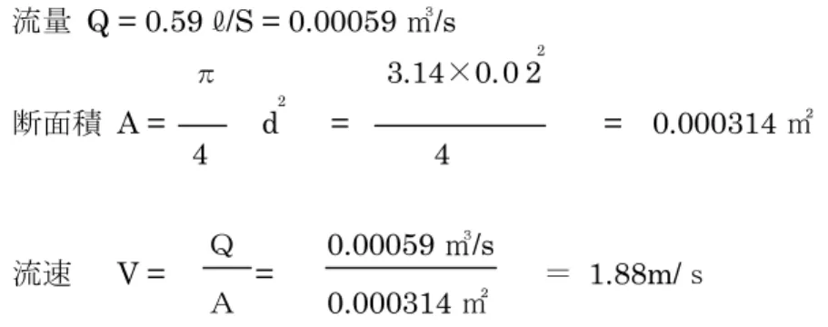 図 2 より    流量  Q = 0.59  /S = 0.00059 /s  π                      3.14×0.0 2           2 断面積  A =            d       2       =                              = 0.000314 ㎡ 4 4  Ｑ      0.00059 /s  流速      V =            =                                    ＝  1.