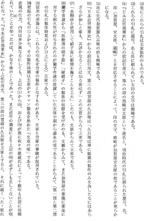 圖 故 に こ れ ら の 引 札 は 主 家 製 作 の も の で あ る ︒個これらの引札に屋号︑名と共に刷られてい る 印 の 文 字 ば 熊 崎 で あ る ︒困﹁日本近世窯業史﹂からの前記引用文︑第六の段の熊崎安太郎という 姓 名 と ︑ 明 治 時 代 の 引 札 に 刷 ら れ た 屋 号 ︑ 名 ︑印(加賀屋︑安太郎︑一閣)とを対応させることによって︑印の文字︑熊崎が加賀屋安太郎の姓であることが明らかになる︒㈲故に先代加賀屋久兵衛の姓も熊崎である︒㈲﹁日本近世窯業史﹂からの前記引用文︑第三