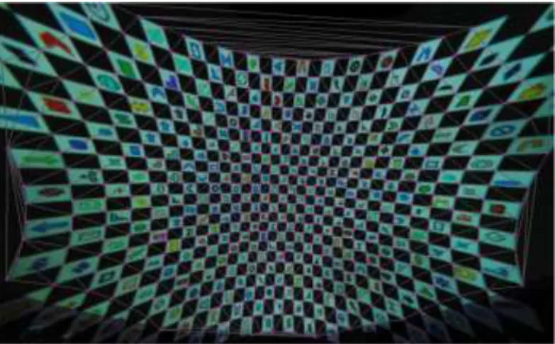 図  3-14：チェックボードをドロネー分割した様子  [4] 三角形分割を行った画像に歪んだ画像のテクスチャマッピングを行い図3-15  の ような映像を生成する．コーナーの座標は既に検出しているため，それをテクスチャマ ッピングに使用する座標にする．  図  3-15：メッシュ構造にテクスチャマッピングした様子  [5] 各コーナーの列と行番号は事前に求めているので，コーナーが等間隔で並ぶよ うに列と行の番号に応じた座標変換を行う．チェックボード画像の特徴点が均一に配 置されるよう変形させたものが図 3
