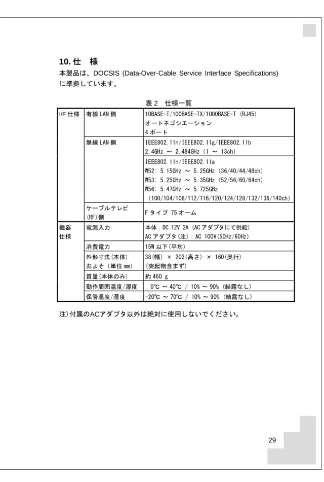 表 2 仕様一覧