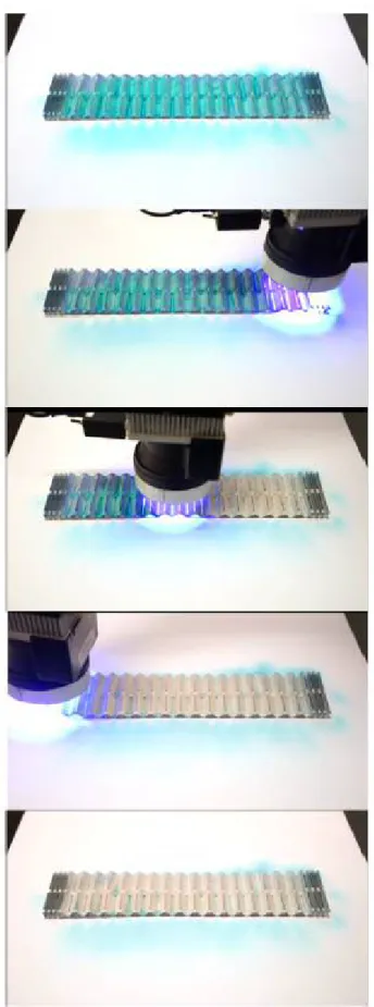 図 1.  TiO 2 被覆アルミニウム表面に吹き付けられたメチレンブルーの UV-LED による光触媒脱色。TiO 2 被覆ア ルミニウム表面にメチレンブルー溶液を吹き付け、乾かした後、UV-LED アレーに晒したところ、表面の青色が脱 色したことから、光触媒活性によってメチレンブルーが効率的に分解されることが分かった。この過程は補足資 料「光触媒作用ビデオ（Video Photocatalysis）」で見ることができる。