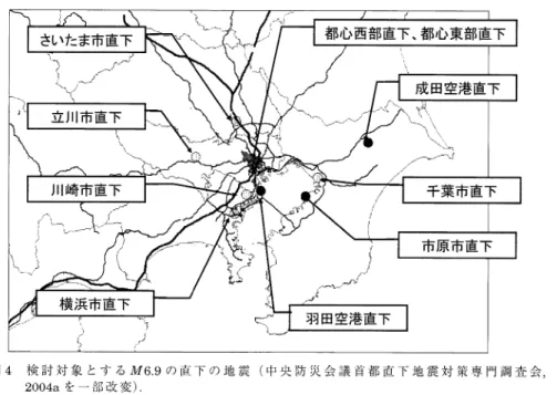 Fig.  4  Targeted  inland  earthquakes  with  a  magnitude  of  6.9  (The  committees  for  technical investigations  on  countermeasures  for  Tokyo  Metropolitan  Earthquakes,  the  Central  Disaster  Management  Council,  2004a  (contents  partially   a