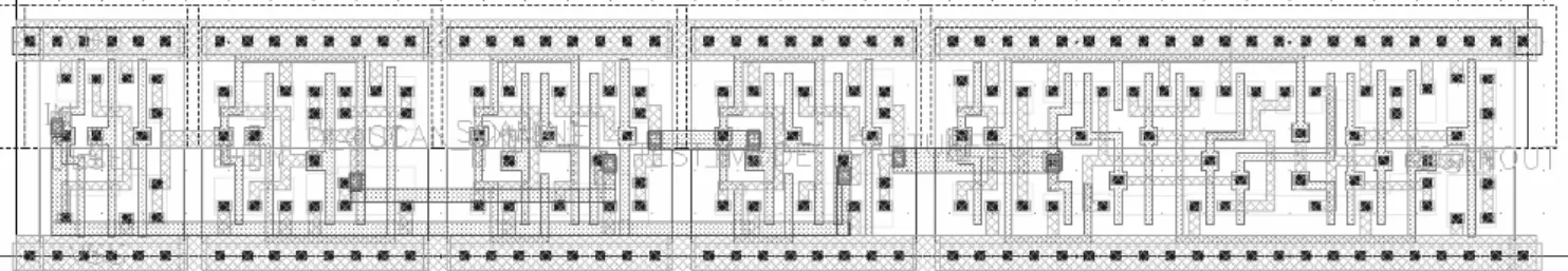 図 4 TDCSFF のレイアウト図 図 5 回路の概略図 図 6 DLSEL 制御回路 セットが完了すると， CONTCLK を 0 一定にし，保持さ れている信号が変更されないようにする．被検査回路の遅 延を検査する直前で， CONTEN を 1 とすることで対象の TDCSFF の DLSEL のみに 1 が設定され，任意の TDCSFF を動作させることができる．また，複数のパスを同時に 活性化させることができれば，複数の対象の TDCSFF の DLSEL を 1 とすることで， 1 回のテストで
