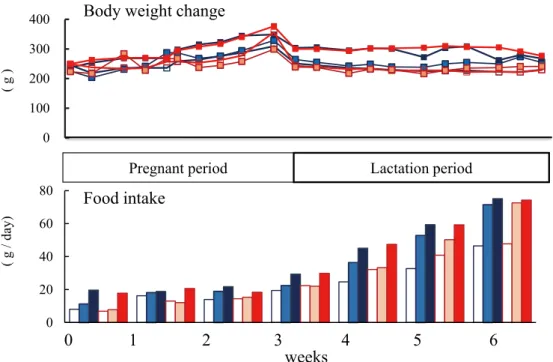 Figure 1　 Average intake of experimental diet per week and body weight change of dams