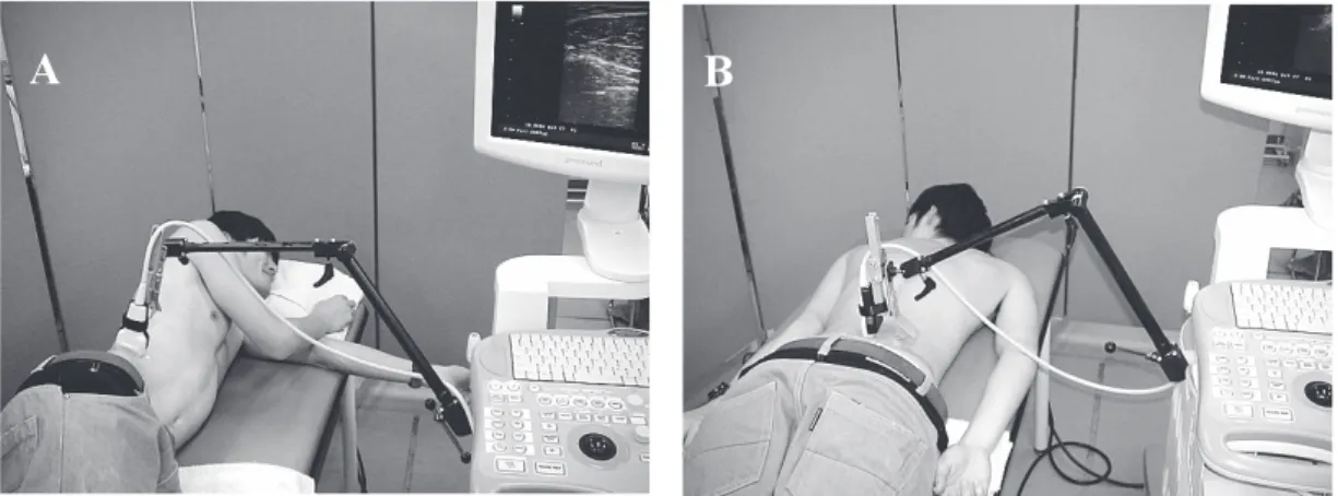 Fig. 1　 (A) Measurement of ultrasound imaging for the lateral abdominal muscles 　　　  (B) The lumbar multifidus muscle