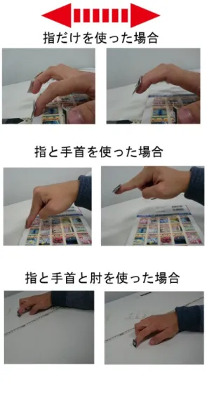 図 5 使用したマーカとその取り付け方 図 6 使用した Web カメラ 図 7 カメラとマーカ間の測定距離 と肘を使った場合の演奏可能なカメラ - マーカ間の距離測 定を行った． 4.1.1 実験方法 カメラ - マーカ間距離を 10cm に設定し，指だけを使った 場合，指と手首を使った場合，指と手首と肘を使った場合， それぞれの場合 ( 図 8) で仮想のピアノ鍵盤のすべての音（ 1 オクターブ分）をマーカで押さえ，音階ごとに弾けるかど うか記録した．このとき片手 5 本の指全てにマーカを取り 付け，ど