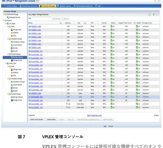 図 7 VPLEX 管理コンソール VPLEX 管理コンソールには使用可能な機能すべてのオンライン ヘ ルプが用意されています。オンライン ヘルプには以下の方法でアク セスできます。 ◆ メイン スクリーンの右上隅にある［ヘルプ］アイコンをクリッ クしてオンライン ヘルプ システムを開くか、個々のスクリーン で現在のタスクに関するトピックを開きます。 ◆ タスク バーの［ヘルプ］ボタンをクリックして、他の VPLEX マ ニュアルなどの情報源へのリンク一覧を表示します。