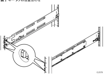 図  2   キー タブの位置合わせ CL5578 2. レールを伸ばしたままで、バネ クリップが背面ラックの溝の外側にカチっとはまるまで、 キー タブとアダプターを背面の取り付け用穴に押し込みます。 図  3   背面アダプターの位置合わせ CL5579 3