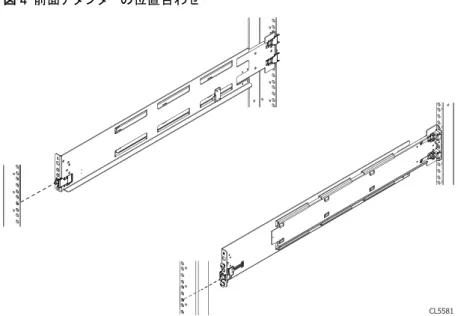 図  4   前面アダプターの位置合わせ CL5581 4. レールを前に引きながらバネ クリップを押しこみます。 バネ クリップが前面ラックの溝の 前にあり、アダプターが取り付け用穴に入ったら、バネ クリップをリリースしてレールが 所定位置に収まるようにします。 㽷㎞ バネ クリップがチャネルにしっかり取り付けられていることを確認します。 カチッと音がし てはまるまで、クリップを押し込んでください。 図  5   バネ クリップの固定 CL5582 5