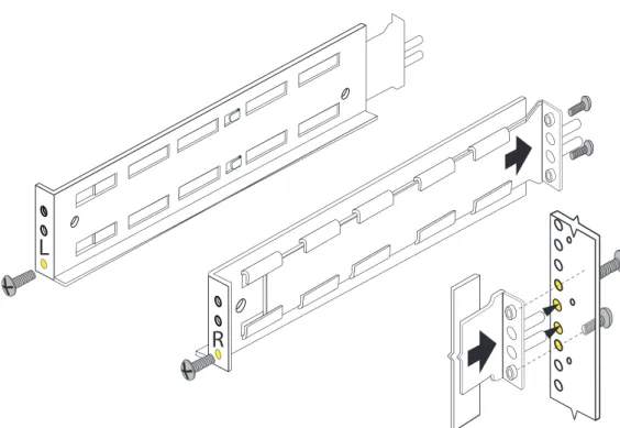 図  11  2U DAE レールの取り付け L R スナップイン レールの取り付け この手順では、スナップイン レールの取り付け方法について説明します。 はじめに スナップイン レールにはキー タブがあります。 キー タブの位置はレールの背面です。 キー タブを使用することで、レールを適切な 2U スペース内に取り付けられます。 左右のレールは決まっており、交換できません。 構成によっては、左側のレールにフィール ド ベゼル コード カバーが収納されていることがあります。 カバーがあるレールの場合も同 じ