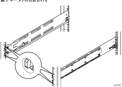 図  3   キー タブの位置合わせ CL5578 2. レールを伸ばしたままで、バネ クリップが背面ラックの溝の外側にカチっとはまるまで、 キー タブとアダプターを背面の取り付け用穴に押し込みます。 図  4   背面アダプターの位置合わせ CL5579 3