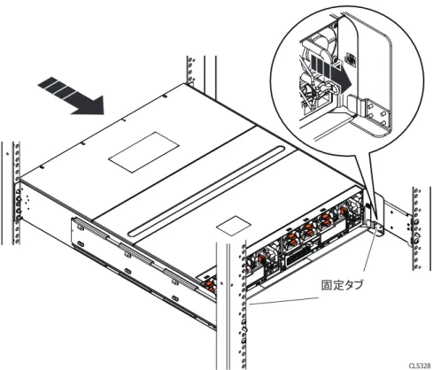 図  8   固定タブの場所 CL5328 エンクロージャがキャビネットの奥まで行かない場合は、レールの奥を固定しているネジ を緩めてレールを調整し、タブがエンクロージャ側にかみ合うようにします。 2