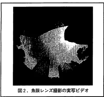 図 2 . 魚眼レンズ撮影の実写ビデオ 天井や床面や背面があってもよい. (  3  )ドーム:半球状で投影は 4 基や 6 基を基本とし， ドーム全体が傾斜していてもよい