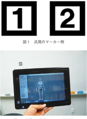 図 汎用のマーカー例 図 汎用 AR 提示ソフトの画面例ンでは，加速度運動のスケール感が認識しづらいものとなっていた。（ ）金星の満ち欠けシミュレーション立体的な金星の満ち欠けのイメージを疑似体験するソフト。太陽と金星，地球の位置関係を，平面的な作画よりもよりダイナミックに提示することが可能となっている。．汎用 AR 提示ソフトの概要と考察）背景と目的先述の通り，AR技術の教育利用を検討するためには，実践しやすい環境を作る必要がある。本ソフトでは，AR技術による板書の拡張を，プログラミングの技能や開発環境が