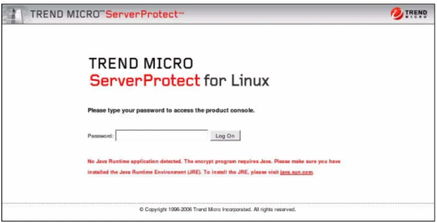 図 3-3. Java Runtime Environment (JRE) がインストールされていない Mozilla ブ ラウザに表示されるログオン画面 Java プラグインを有効にするには、Mozilla プラグインディレクトリに移動して、 Java プラグインのシンボリックリンクを作成します。次に例を示します。 cd /usr/lib/mozilla/plugins ln -s \ > /usr/java/j2re1.4.2/plugin/i386/ns610-gcc32\ > libja