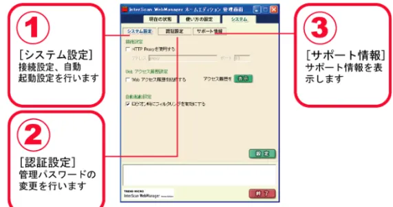 図 6-1：［システム］画面 － 3 つのタブ